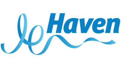 Blue 'Haven' logo with wavy lines on a transparent background