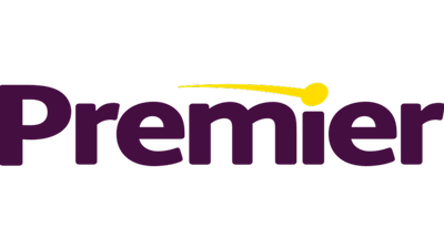 Premier logo with purple text and a yellow accent on a transparent background
