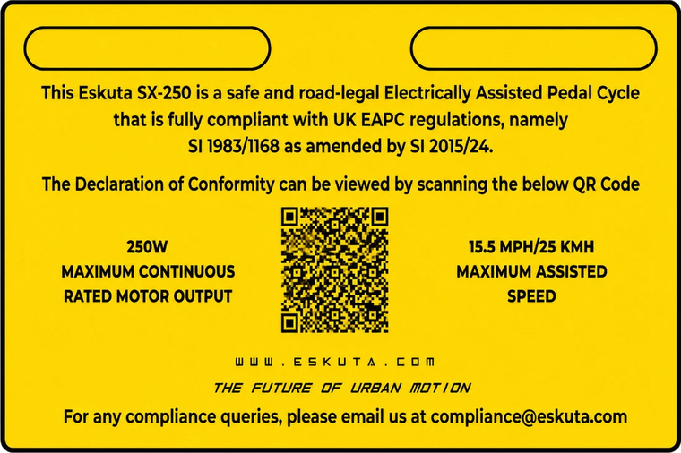 The SX-250 compliance plate: 250W maximum continuous rated motor output, 15.5 mph maximum assisted speed, compliant with SI 1983/1168 as amended by SI 2015/24