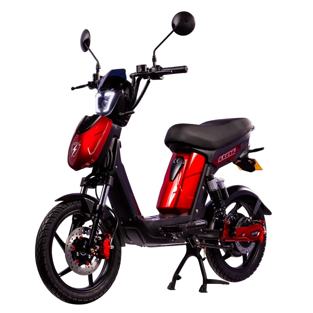Red and black EAPC Bike designed like a scooter on a transparent background