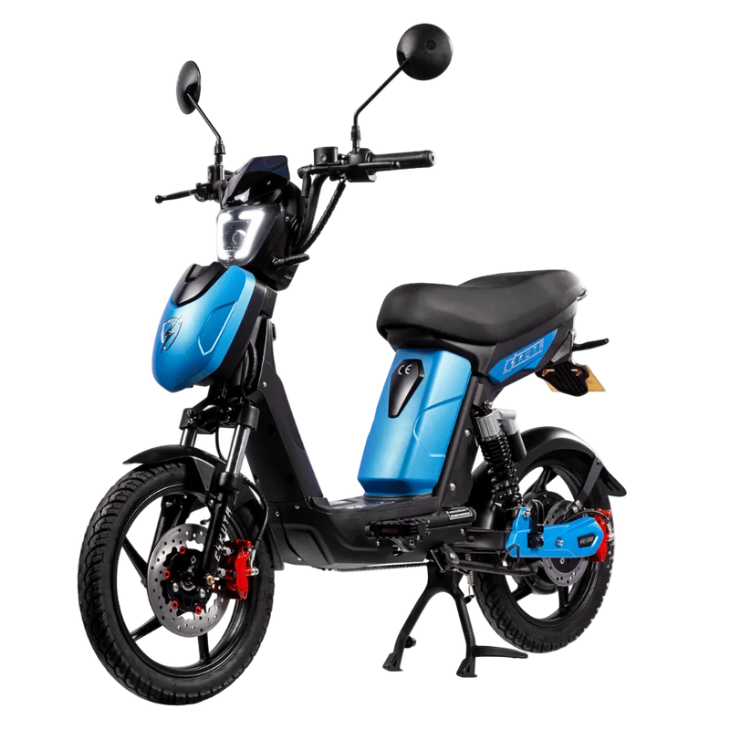 Black and blue electric scooter on a white background