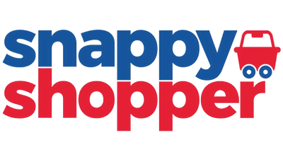 Logo of 'snappy shopper' with a red shopping cart icon on a transparent background