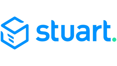 Blue 'stuart.' logo on a transparent  background