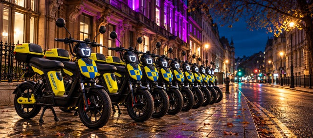 A row of Eskuta SX-250s in yellow and blue security livery on a wet city street at night