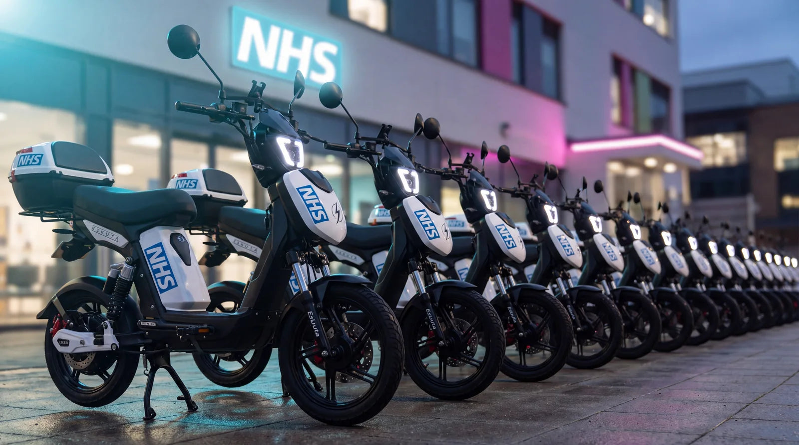 A line of Eskuta SX-250s in NHS livery with top boxes, parked outside a hospital at dusk