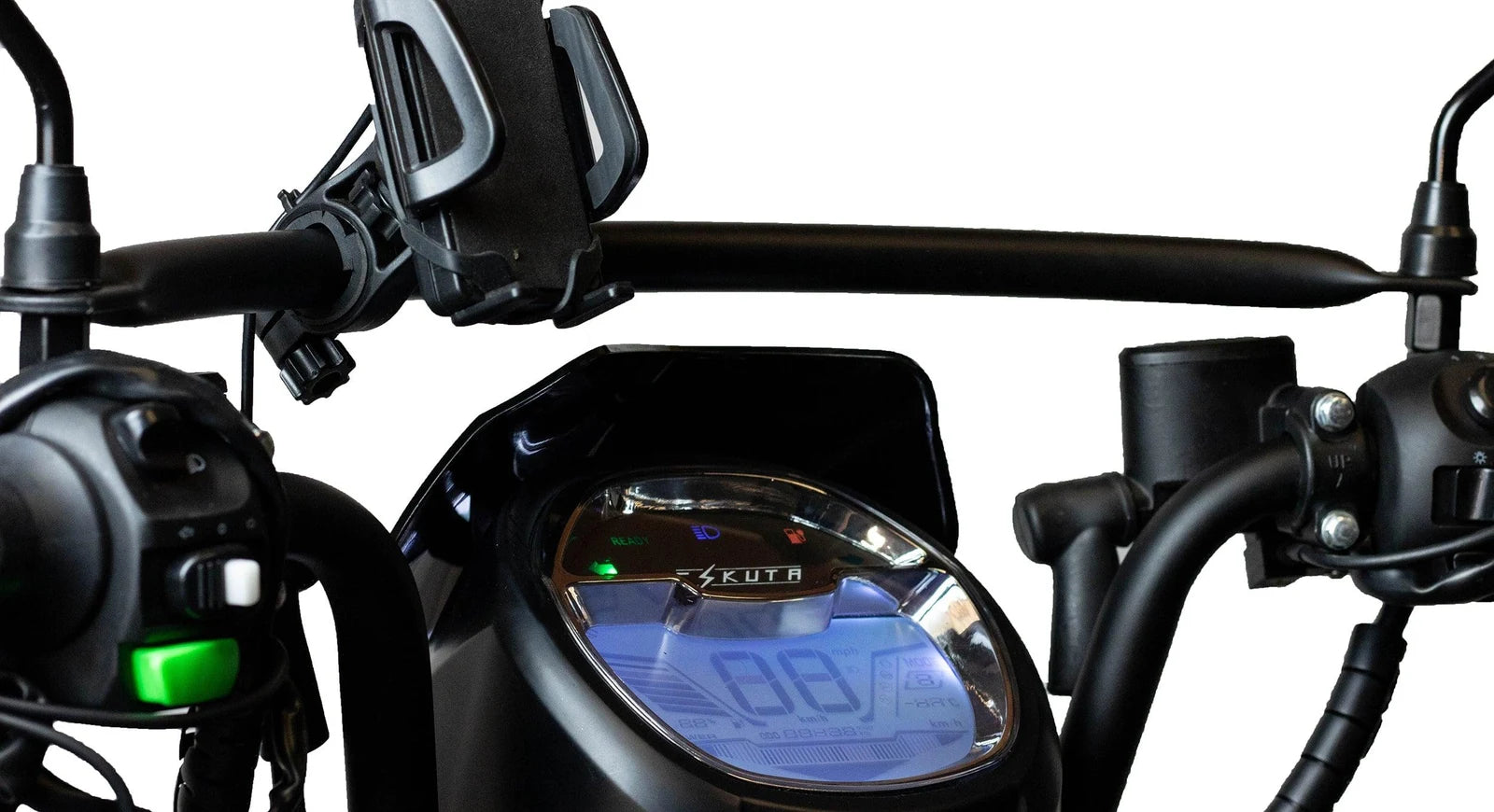 The SX-250 cockpit: techbar across the handlebars, full LCD display showing READY, and the green
                  walk-mode button on the left grip