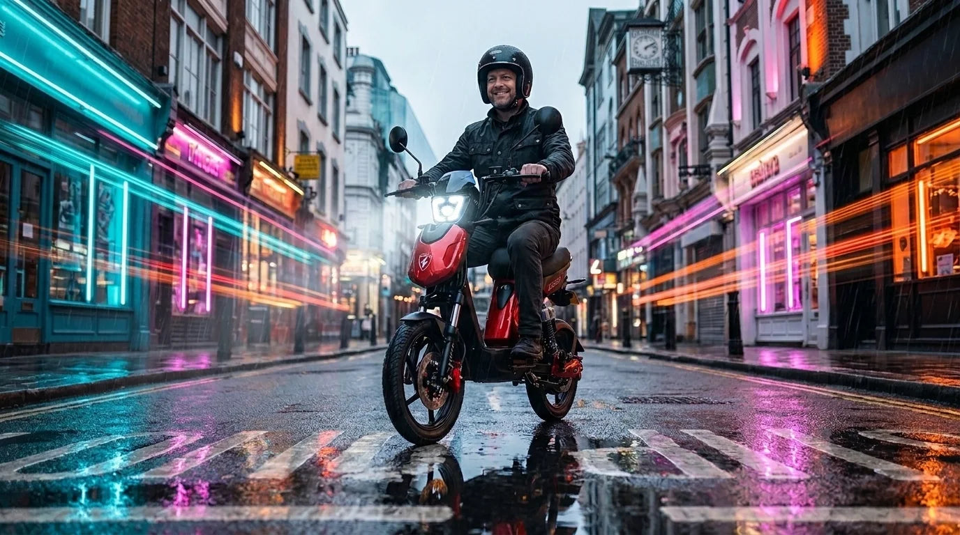 A rider on a red Eskuta SX-250 on a wet, neon-lit city street at night