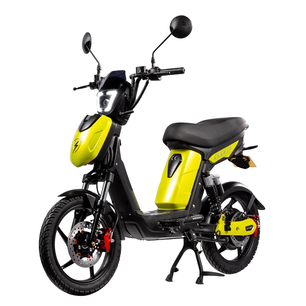 A yellow Eskuta SX-250 with its motorcycle-grade components labelled